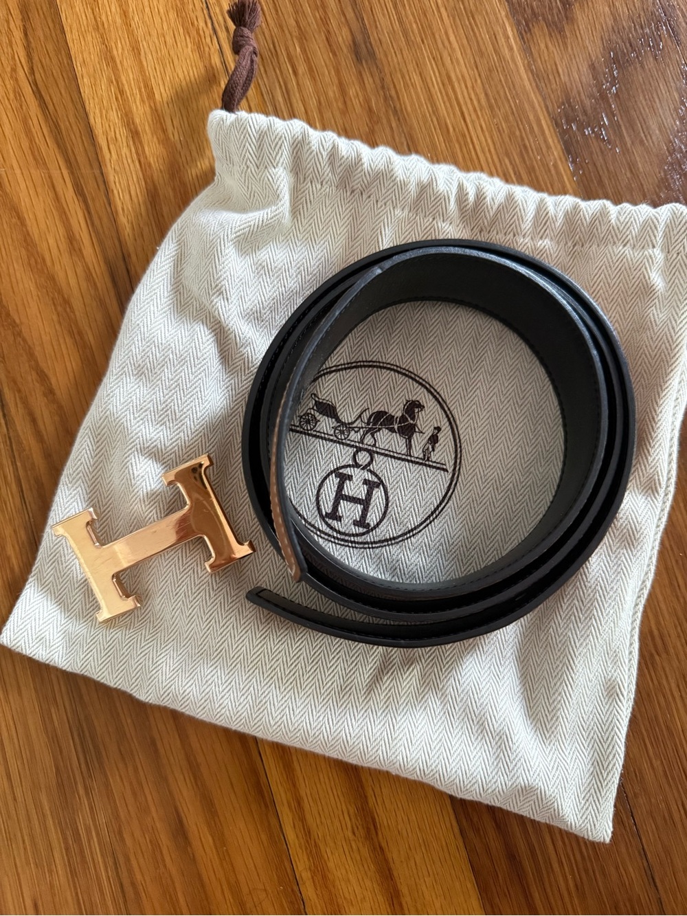 Hermes Black Leather Belt with Gold H Buckle